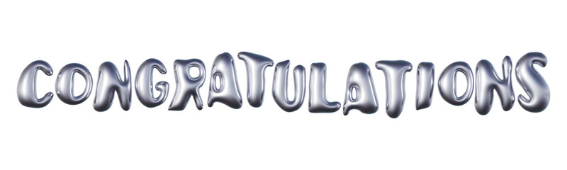 Congratulations written in three-dimensional Y2K glossy chrome blob lettering isolated on transparent background. 3D rendering