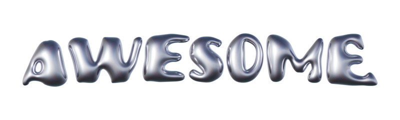Word Awesome written in three-dimensional Y2K glossy chrome blob lettering isolated on transparent background. 3D rendering