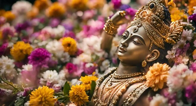 Divine Gaze: Close-Up of Lord Krishna Statue with Falling Flowers