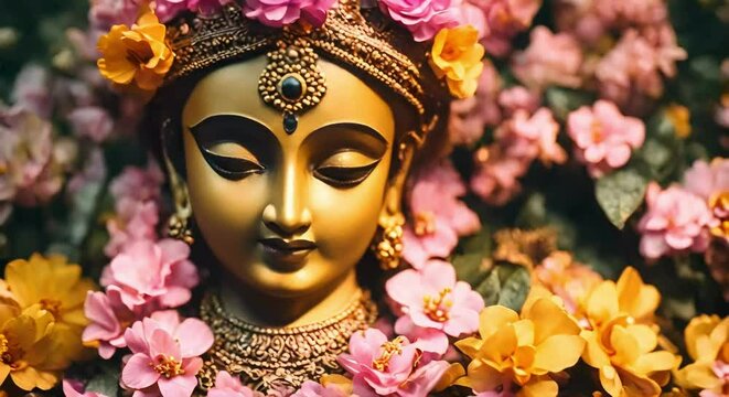 Divine Gaze: Close-Up of Radha Krishna Statue with Falling Flowers