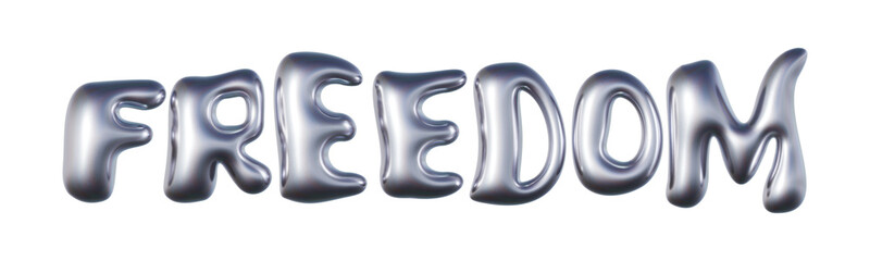 Word Freedom written in three-dimensional Y2K glossy chrome blob lettering isolated on transparent background. 3D rendering