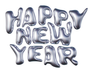 Happy New Year written in three-dimensional Y2K glossy chrome blob lettering isolated on transparent background. 3D rendering