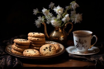Delectable Stilllife flower tea cookies. Cup chinese. Generate Ai