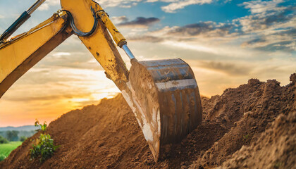 Backhoe excavating soil at a construction site, with a bucket digging into the earth, emphasizing industrial progress and development - obrazy, fototapety, plakaty