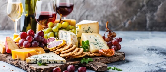 Assorted cheese platter and wine glasses on a textured grey backdrop. A selection of Italian appetizers and wine pairings. Room for text.