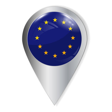 Vector illustration. Glossy button with highlights and shadows. Geographic location icon. Flag of Europe, European Union. User interface element. Set of souvenir countries.