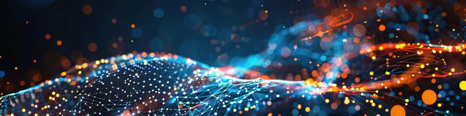 Colorful light streams and network nodes combine to create a dynamic abstract background - obrazy, fototapety, plakaty