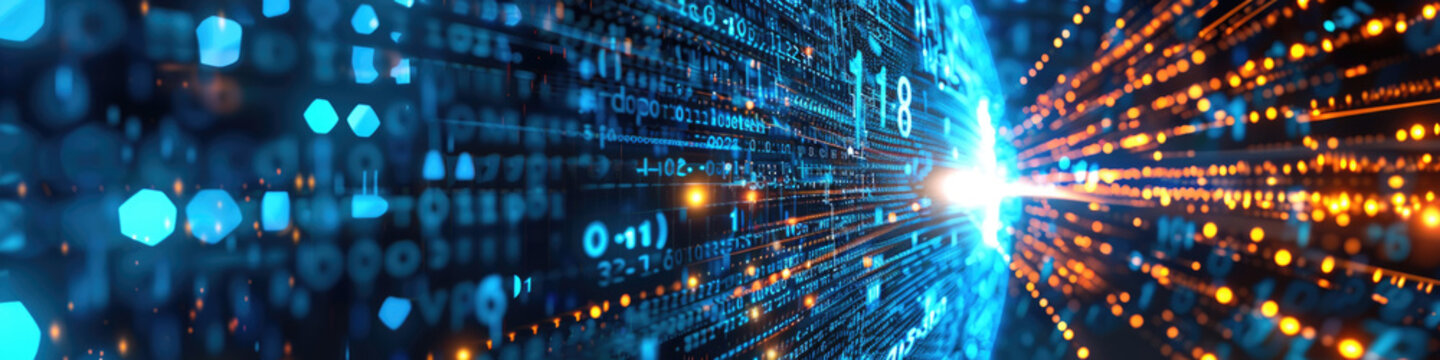A vivid representation of a digital data stream, showcasing glowing binary digits and dynamic light trails