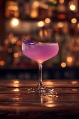 Elegant purple Aviation cocktail in a glass on a bar counter, with a warm, blurred background