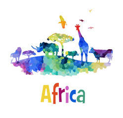 Welcome to Africa poster. Africa abstract animals colored silhouette. hand drawing. Not AI, Vector illustration