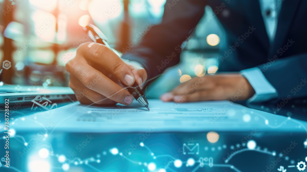 Poster close-up of a professionals hand signing a document with a digital business interface surrounding th
