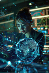 A focused young woman manipulates virtual 3D globes amid futuristic digital interfaces
