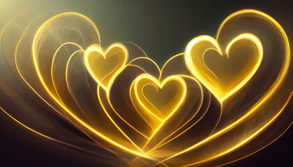 Yellow neon heart shapes, romantic illustration. 