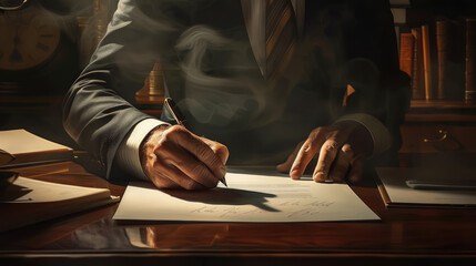 A well-dressed man pens a letter in a dimly lit room, the candles glow casting shadows