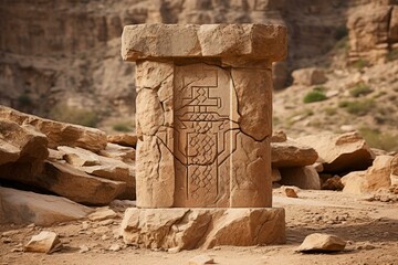 Sun-scorched Stone pillar middle eastern in desert. Ancient archeology building column in sand mountains. Generate ai