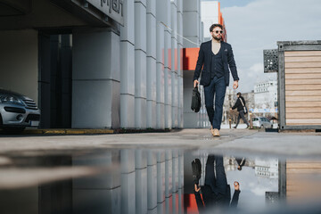 A stylish businessman strolls through the urban landscape, a perfect reflection on the water adding...
