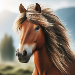 Portrait of a brown horse with a thick, beautiful mane