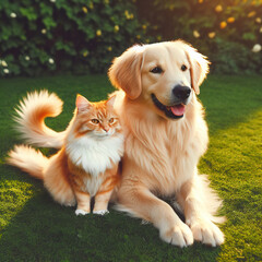 The dog and the cat peacefully sit together in the garden on the grass on a sunny day