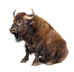 Sitting American bison in front of white backdrop