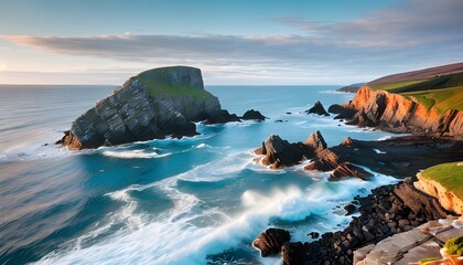 Secluded Seaside Cove with Calm Waters and Rocky Cliffs: Tranquil Coastal Landscape, Hand Edited...