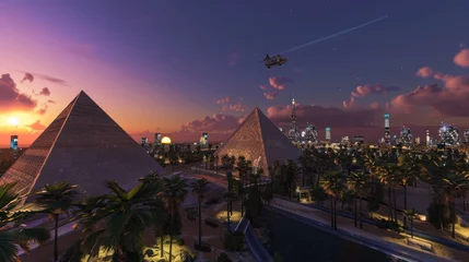 Foto op Canvas Pyramids in the middle of a futuristic city © pector