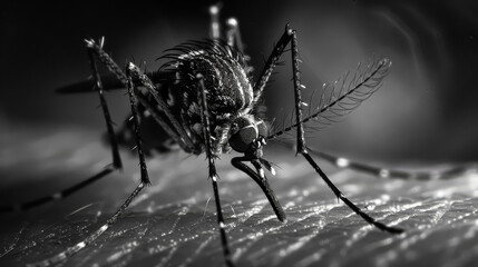 A black and white photo of a mosquito with its head down. The photo has a mood of seriousness and a sense of danger