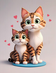 Large and small striped cats in 3D graphics style