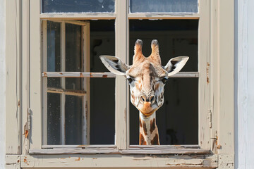 The giraffe is peeking out of the room window