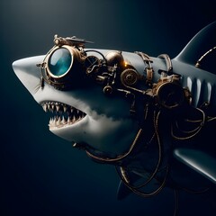 Fantasy shark with goggle glasses in the depths of the ocean in steampunk, generative AI