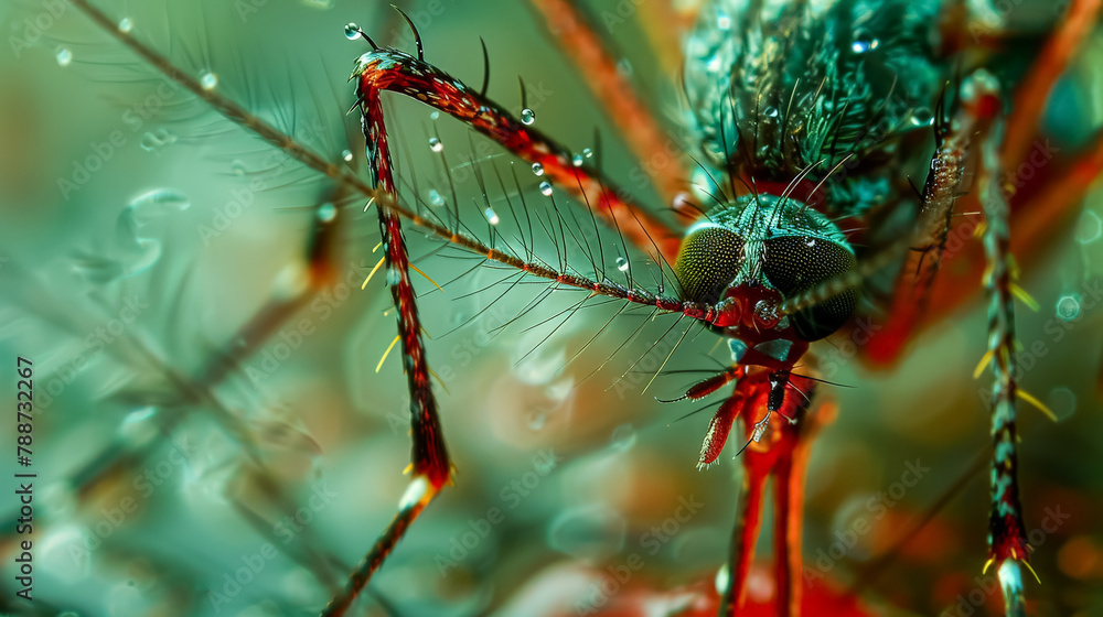 Poster a bug with a long nose and red legs is standing on a wet surface. the bug is surrounded by water dro
