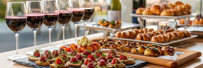 Corporate or wedding catering services with buffet served table with red wine glasses and appetizers like sliced meat and fruits in daylight