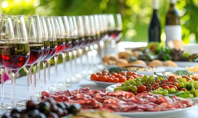 Corporate or wedding catering services with buffet served table with red wine glasses and appetizers like sliced meat and fruits in daylight