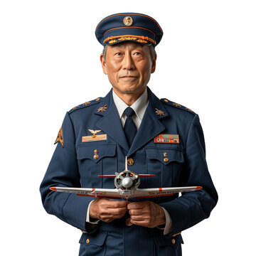 Senior air force officer holding model airplane on transparent background