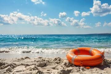Obraz premium beach. sea, blue water. orange lifebuoy. Vacation. Rest. Journey. advertising of tours.
