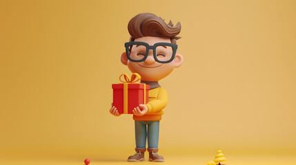 Smiling face 3D Fat Male Cartoon Character having a big gift box