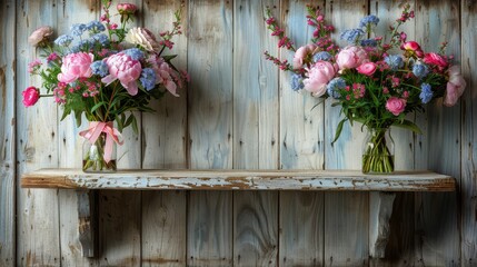 Fototapeta na wymiar Two vases, one holding pink flowers, the other blue, sit atop a wooden shelf against a nearby wooden wall