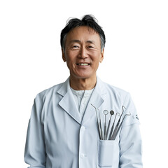 Senior Asian dentist smiling with dental tools in pocket