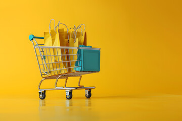 Small paper shopping bags with shopping cart on yellow background