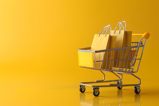 Small paper shopping bags with shopping cart on yellow background