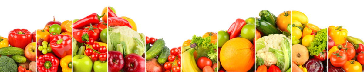Wide panorama healthy fruits and vegetables separated by vertical lines on white - 788734027