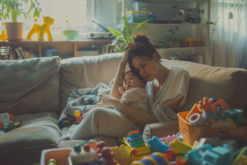 Exhausted mother with sleeping child amidst toys, depicting parental fatigue. Design for health awareness, support services.