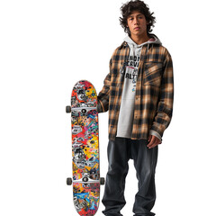 Young skateboarder posing with colorful skateboard in casual outfit