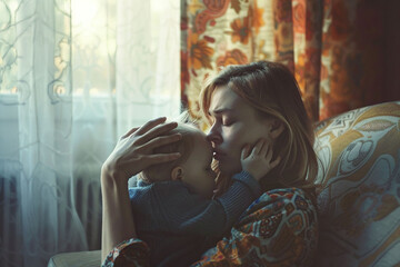 Mother embracing child near window, conveying postpartum emotion. Design for mental health awareness, family support services.