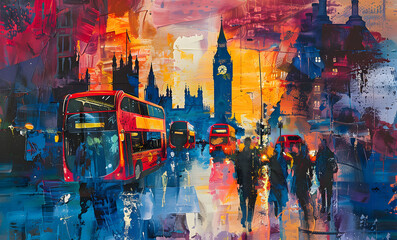 Abstract Painting of London Street Scene with Iconic Red Double-Decker Bus