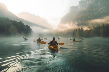 Misty River Morning: Kayakers Exploring Serene Mountainous Waterscape