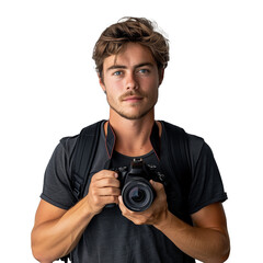 Young male photographer holding camera on tranparent background