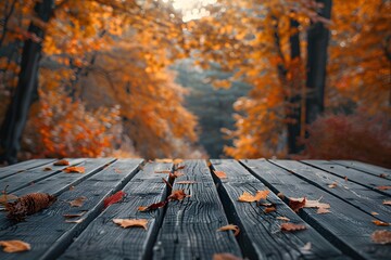 Wooden Deck Leading to a Stunning Autumn Forest