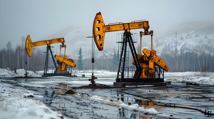 Industrial Symphony of Oil Extraction Amidst Snowy Silence. Concept Oil extraction, Snowy landscapes, Industrial machinery, Silent beauty, Winter operations - obrazy, fototapety, plakaty