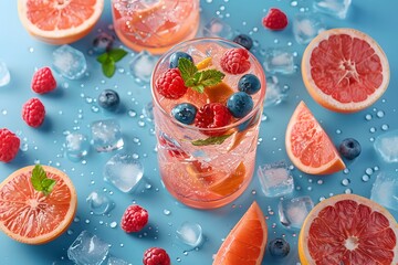 Refreshing Citrus Cocktail with Berries on Ice