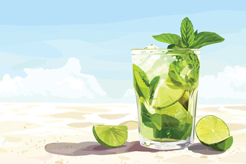Mojito cocktail on a sunny beach isolated vector style
